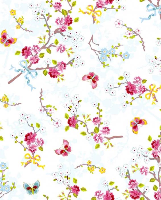 טפט פרחים ופרפרים על רקע לבן - גולדשטיין גלרי טפט