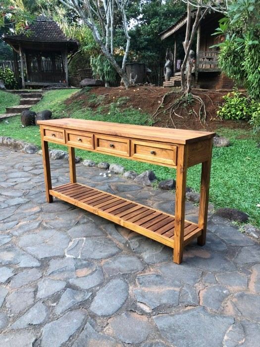 קונסולה עץ מלא טיק מדף תחתון וארבע מגירות - Treemium - חלומות בעץ מלא