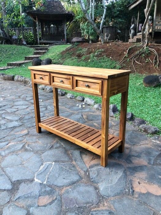 קונסולה עץ מלא טיק מדף תחתון ושלוש מגירות - Treemium - חלומות בעץ מלא