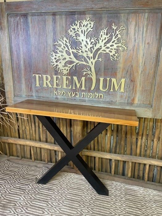 קונסולה עץ מלא טיק משטח עליון טבעי רגל שחור מט - Treemium - חלומות בעץ מלא