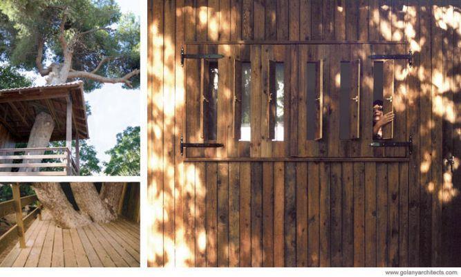 תריס עץ ודק עץ - במבנה מעץ בין עצי אורן ותיקים 