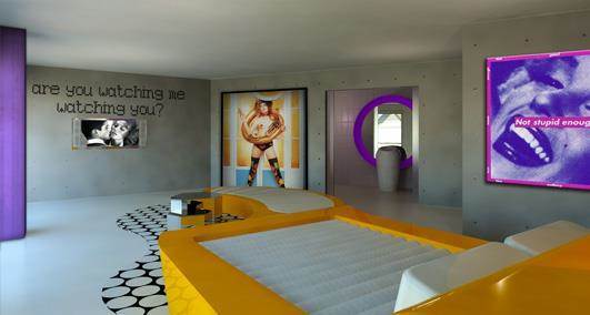 חדר שינה מעוצב ומיוחד, בסיס מיטה בצבע צהוב חרדל, תמונות קיר ענקיות עם מסגרות סגולות.