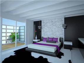 חדר שינה שחור ולבן עם נגיעות צבע בסגנון מודרני. עיצוב: Studio307