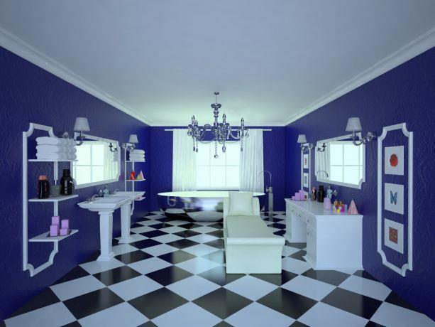 אמבטיה מעוצבת על טהרת הצבע הכחול. עיצוב: Studio307