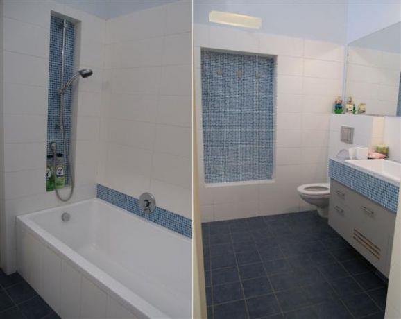 חדר אמבטיה בצבעי כחול ולבן, עיצוב מיכל גרינברג- פוקס