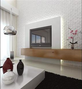 סלון בעיצוב מודרני עם קיר בריקים לבן בעיצוב לימור בן הרוש