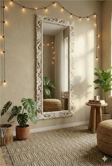מראה עץ מלא טיק בגימור white wash rustic